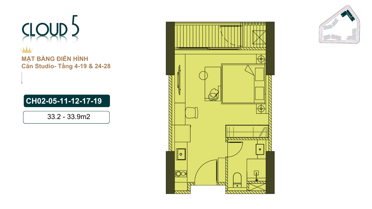 mặt bằng căn studio chung cư royal mansion cl5