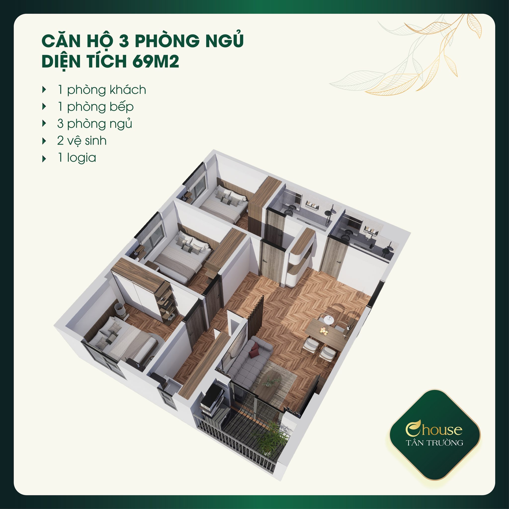 thiết kế căn 3 ngủ ehouse tân trường