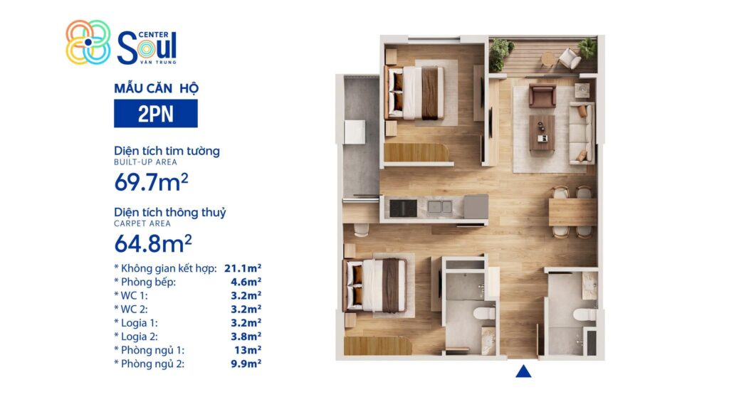 Căn hộ 2 ngủ 69 m soul center vân Trung