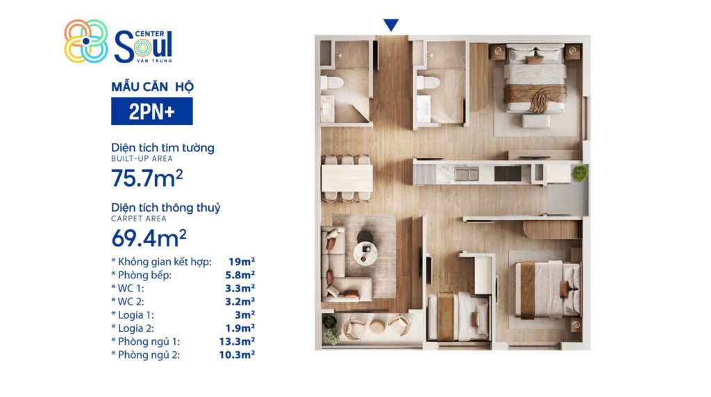 Căn hộ 2 ngủ+ soul center vân Trung bắc ninh